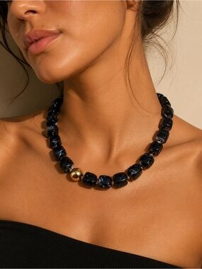 Statement Black Beaded Necklace with Gold Accent